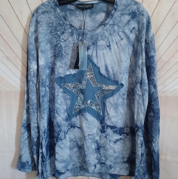 Blue Tie DYE FLORA ASHLEY LIGHTWEIGHT SUMMER BLOUSE Star SEQUINED long sleeve - Picture 8 of 8